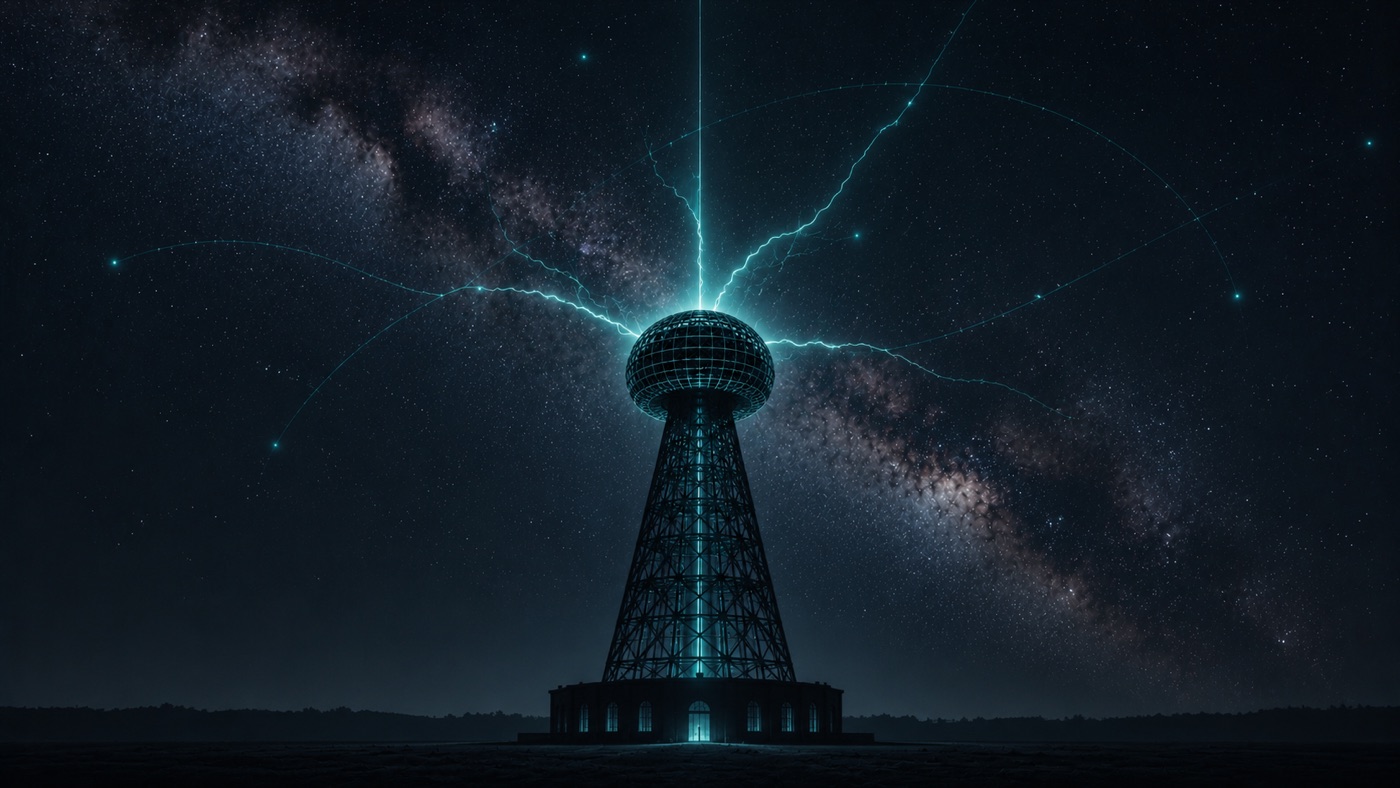 Wardenclyffe Tower radiating electricity beneath the Milky Way